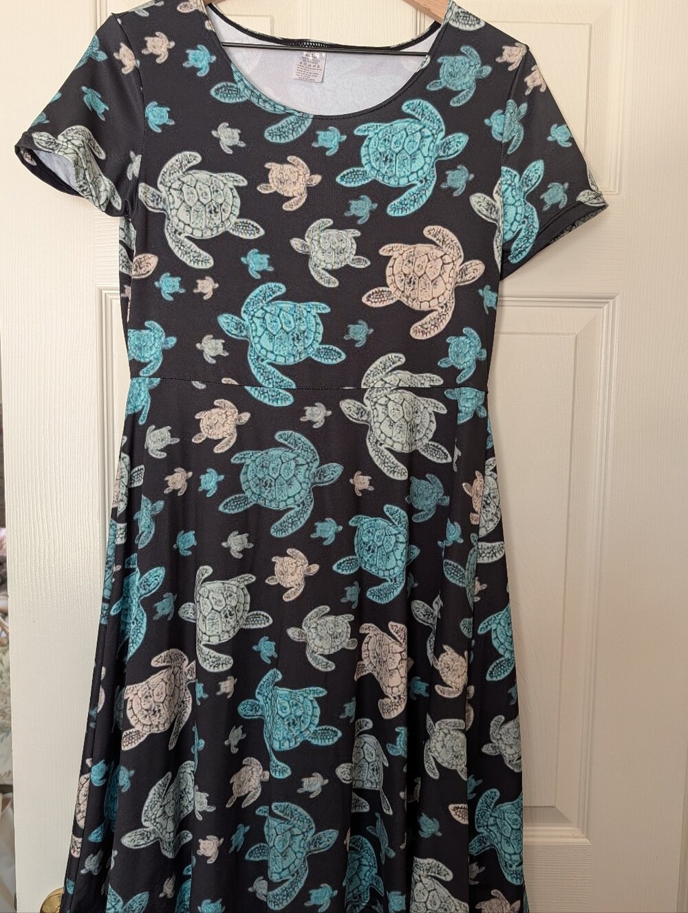Turtle Print Fit & Flare Dress in Teal and Cream on Black